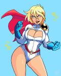  1girl blonde_hair blue_background blue_eyes breasts cape cleavage cleavage_cutout clenched_hands contrapposto dc_comics large_breasts leotard noontide power_girl short_hair solo superhero 