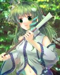  1girl breasts detached_sleeves face forest frog_hair_ornament gohei green_eyes green_hair hair_ornament hair_tubes kochiya_sanae long_hair miruniru nature oonusa open_mouth portrait smile snake_hair_ornament touhou tree upper_body 