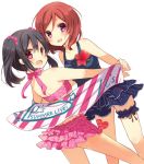  2girls :d bangs bikini_skirt black_hair choker flower looking_at_viewer looking_back love_live!_school_idol_project multiple_girls nishikino_maki one-piece_swimsuit open_mouth red_eyes redhead ribbon_choker scrunchie shiroi_hakuto short_hair simple_background smile swimsuit thigh_strap towel twintails typo violet_eyes white_background yazawa_nico 