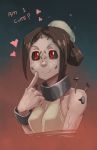  1girl black_sclera brown_hair bun_cover folded_ponytail highres hospital_gown nail no_mask painwheel_(skullgirls) pointing pointing_at_self red_eyes skullgirls small_breasts smile solo stitches upper_body veins whistle_frog 