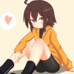  1girl afushiru_wa_kugi ahoge bike_shorts blush boots brown_hair flat_chest heart hoodie linne sitting solo spoken_heart turtleneck under_night_in-birth violet_eyes 