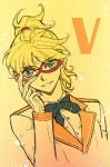  1boy adjusting_mask aino_minako bishoujo_senshi_sailor_moon blonde_hair blue_bow bowtie character_name crescent facial_mark forehead_mark formal genderswap gloves male_focus mask nickii25 parted_lips ponytail sailor_v smile solo upper_body white_gloves 