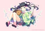  1girl black_hair book dokodemo_dungeon green_eyes h2so4 looking_at_viewer socks solo twintails wand 