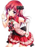  1girl asymmetrical_clothes audrey_belrose dress hand_on_hip hunie_pop long_hair middle_finger red_dress red_eyes redhead ribbon skirt smile 