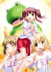  3girls animal_costume brown_eyes brown_hair clover four-leaf_clover frog_costume futaba_anzu headband highres idolmaster idolmaster_cinderella_girls long_hair mascot mimura_kanako multiple_girls ogata_chieri producer_(idolmaster_cinderella_girls_anime) shorts twintails zen 