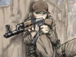  ak-47 assault_rifle didloaded dirty dirty_clothes dirty_face green_eyes gun hat load_bearing_vest military military_hat military_uniform original ready_to_draw rifle ruins sitting tagme uniform weapon 