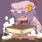  1girl book crescent crushed hat long_hair onikobe_rin patchouli_knowledge purple_hair ramen ribbon solo touhou violet_eyes you&#039;re_doing_it_wrong 