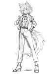  1girl animal_ears inubashiri_momiji matsuda_(matsukichi) monochrome pants short_hair simple_background sketch solo tail touhou white_background wolf_ears wolf_tail 