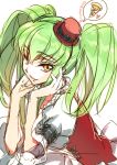  1girl c.c. code_geass creayus dress food green_hair hat heart long_hair looking_at_viewer pizza simple_background smile solo top_hat twintails white_background yellow_eyes 