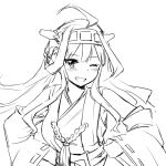  1girl blush grin hands_on_hips kantai_collection kongou_(kantai_collection) long_hair looking_at_viewer monochrome one_eye_closed simple_background sketch smile solo white_background zaxwu 