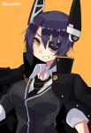  1girl breasts eyepatch gomashi_(goma) headgear kantai_collection large_breasts looking_at_viewer open_mouth orange_background purple_hair school_uniform short_hair simple_background smile solo tenryuu_(kantai_collection) yellow_eyes 