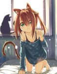  1girl all_fours animal_ears ayataka bell black_bra bottomless bra brown_hair cat cat_ears cat_tail fang green_eyes hair_bell hair_ornament highres long_sleeves looking_at_viewer off_shoulder open_mouth original paw_pose paw_print shirt solo tail two_side_up underwear window 