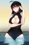  1girl adjusting_hair ahoge black_hair blush breast_hold breasts cleavage cleavage_cutout competition_swimsuit cowboy_shot earrings front_zipper_swimsuit glasses highres jewelry kairos+ large_breasts one-piece_swimsuit original parted_lips solo swimsuit unzipped wading water yellow_eyes 