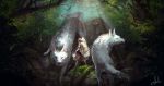  1girl animal barefoot einiv forest mask mononoke_hime nature oversized_animal pelt polearm san signature spear weapon wolf 