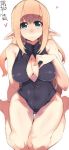  1girl artist_name barefoot black_swimsuit blonde_hair blue_eyes blush breasts center_opening covered_navel dated elf hand_on_own_chest heart large_breasts long_hair one-piece_swimsuit osuman_toruko payot pointy_ears sitting smile solo sweat swimsuit wariza 