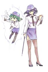  2girls alternate_costume baton black_hair blue_skirt brown_legwear clipboard collared_shirt floating fubuki_(onepunch_man) green_eyes green_hair hat high_heels holding jolin0323 long_sleeves multiple_girls necktie onepunch_man police police_uniform policewoman short_hair siblings side_slit simple_background sisters skirt tatsumaki thigh-highs uniform whistle white_background zettai_ryouiki 