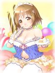  1girl blush breasts brown_eyes brown_hair cake cleavage flower food fork hair_flower hair_ornament headdress highres idolmaster idolmaster_cinderella_girls large_breasts melty_sweet_(idolmaster) mimura_kanako navel onsoku_maru plate plump short_hair skirt smile solo strap_slip thick_thighs thigh-highs thighs 