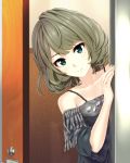  1girl bare_shoulders blue_eyes blush brown_hair collarbone green_eyes heterochromia highres idolmaster idolmaster_cinderella_girls infinote looking_at_viewer mole short_hair smile solo takagaki_kaede 