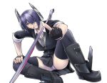  1girl blood boots breasts eyepatch gloves headgear highres injury kantai_collection large_breasts looking_at_viewer middle_finger nujima open_mouth panties purple_hair school_uniform short_hair simple_background skirt smile solo striped striped_panties sword tenryuu_(kantai_collection) underwear weapon white_background yellow_eyes 