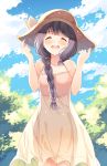  1girl black_hair braid dress hat kantai_collection kitakami_(kantai_collection) komi_zumiko long_hair open_mouth smile solo sun_hat sundress 
