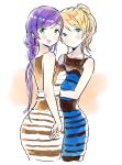  2girls alternate_costume anco_(melon85) ayase_eli bare_shoulders blonde_hair blue_eyes blush_stickers dot_nose dress green_eyes long_hair looking_at_viewer love_live!_school_idol_project meme multiple_girls open_mouth ponytail purple_hair sleeveless smile the_dress_(meme) toujou_nozomi twintails 