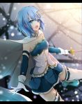  1girl armband belt blue_eyes blue_hair cape gloves hair_ornament hairclip letterboxed mahou_shoujo_madoka_magica mahou_shoujo_madoka_magica_movie miki_sayaka open_mouth shiina_kuro short_hair solo sword thigh-highs weapon zettai_ryouiki 