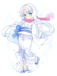  1girl blue_eyes expressionless eyebrows japanese_clothes kimono kurasuke long_hair original sandals scarf snow snowman solo thick_eyebrows twintails white_background white_hair yukata yuki_onna 