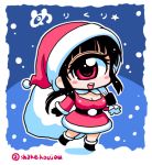  1girl :d black_hair blush_stickers boots breasts chibi cleavage cyclops gloves hat hitomi_(hitomi_sensei_no_hokenshitsu) hitomi_sensei_no_hokenshitsu lowres one-eyed open_mouth red_eyes sack santa_costume santa_hat shake-o smile snow solo 