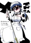  1girl 2015 apron black_hair breasts broom dated hand_on_own_chest hitomi_(hitomi_sensei_no_hokenshitsu) hitomi_sensei_no_hokenshitsu maid maid_apron maid_headdress payot ponytail red_eyes shake-o smile solo translation_request 
