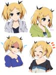 1girl blonde_hair blush closed_eyes expressions frown hair_ornament hair_ribbon hairclip hoodie looking_at_viewer mole mole_under_eye nonohachi open_mouth ribbon shirobako shirt short_hair short_twintails smile solo twintails upper_body white_background yano_erika 