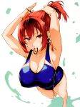  1girl absurdres adjusting_hair armpits arms_up barefoot blush breasts cleavage competition_swimsuit foreshortening hairband highres maken-ki! mouth_hold one-piece_swimsuit ponytail red_eyes redhead rokujou_minori scan short_hair smile solo swimsuit takeda_hiromitsu tying_hair walking 