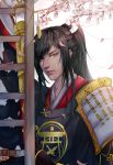  1boy absurdres black_hair cherry_blossoms hair_in_mouth high_ponytail highres japanese_clothes ponytail sode solo tarou_tachi touken_ranbu weisuomu_rache yellow_eyes 