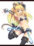  1girl animal_ears armpits arms_up bent_knees bikini_top blonde_hair blue_eyes boots breasts cat_ears cat_tail cleavage elbow_gloves gloves letterboxed long_hair midriff navel open_mouth original sand-rain sasaame shorts solo tail thigh-highs thigh_boots unbuttoned white_background 