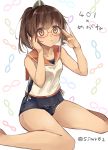  1girl brown_eyes brown_hair glasses i-401_(kantai_collection) kantai_collection one-piece_swimsuit ponytail sailor_collar school_swimsuit school_uniform shijima_(sjmr02) short_hair short_ponytail sitting solo swimsuit swimsuit_under_clothes tan wariza 