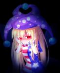  1girl american_flag_shirt black_background blonde_hair blush clownpiece evil_grin evil_smile full-face_blush glowing glowing_eyes grin hands_on_own_face hat jester_cap long_hair red_eyes shaded_face shirt short_sleeves simple_background smile solo star striped touhou upper_body z.o.b 