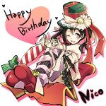  1girl ;d \m/ black_hair character_name chiigo double_\m/ happy_birthday hat heart love_live!_school_idol_project mismatched_legwear one_eye_closed open_mouth reclining red_eyes red_shoes ribbon shoe_ribbon shoes skirt smile solo top_hat twintails yazawa_nico 