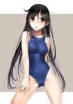  1girl black_hair blue_swimsuit blush brown_eyes contrapposto cowboy_shot katahira_masashi long_hair one-piece_swimsuit open_mouth solo swimsuit very_long_hair 