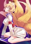 1girl abe_ranzu animal_ears arm_support barefoot blonde_hair brown_background dress fox_ears fox_tail looking_at_viewer multiple_tails no_hat short_hair sitting sleeves_past_wrists smile smug solo tabard tail touhou wariza yakumo_ran yellow_eyes 