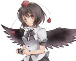  1girl bird_wings black_hair camera hat head_tilt highres light_smile looking_at_viewer ribbon shameimaru_aya short_hair short_sleeves simple_background solo tokin_hat touhou upper_body utako_(kuromosuki) white_background 