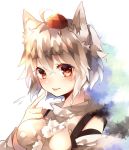  1girl albino animal_ears blush detached_sleeves flying_sweatdrops hat inubashiri_momiji long_sleeves looking_at_viewer red_eyes short_hair smile solo sweetroad tokin_hat tongue tongue_out touhou turtleneck upper_body white_hair wolf_ears 