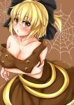  1girl blonde_hair blush bow breast_lift breasts brown_eyes cleavage collarbone crossed_arms hair_bow highres kurodani_yamame large_breasts looking_at_viewer off_shoulder open_mouth silk solo spider_web tokoya touhou yellow_eyes 