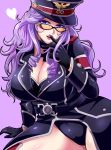  1girl breasts cleavage glasses gloves hat heart hikounin_sentai_akibaranger huge_breasts lips long_hair looking_at_viewer glasses_man military military_uniform parted_lips purple_background purple_hair simple_background smile solo thighs uniform 