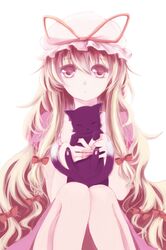  1girl blonde_hair bow cat chen chen_(cat) closed_eyes hair_bow hair_ornament hat hat_bow highres hiiragi_(divineblue) holding jewelry long_hair looking_at_viewer mob_cap multiple_tails open_mouth puffy_sleeves short_sleeves simple_background single_earring sitting tail touhou violet_eyes white_background yakumo_yukari 