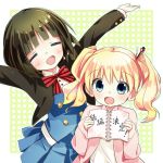  2girls :o =_= \o/ alice_cartelet arms_up bangs black_hair black_jacket blonde_hair blue_eyes blunt_bangs bob_cut book bow collared_shirt cropped_jacket double-breasted dress hair_ornament hair_stick holding holding_book jacket kin-iro_mosaic looking_at_viewer multiple_girls neo1031 notebook oomiya_shinobu open_book outstretched_arms pink_jacket polka_dot polka_dot_background school_uniform short_hair translation_request twintails white_border 