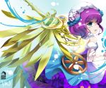  1girl blue_eyes blush dress hair_ornament mechanical_wings open_mouth purple_hair puzzle_&amp;_dragons short_hair sideways_mouth siukaukau24 skuld_(p&amp;d) solo wings 
