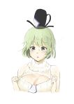  1girl absurdres ameyame blush breasts cleavage green_eyes green_hair hat highres looking_down open-chest_sweater ribbed_sweater short_hair sleeveless sleeveless_turtleneck soga_no_tojiko solo sweat sweater tate_eboshi touhou turtleneck upper_body white_background 