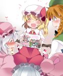  5girls blonde_hair blush child_drawing closed_eyes commentary_request flandre_scarlet hammer_(sunset_beach) hat hat_ribbon heart hong_meiling izayoi_sakuya koakuma light_brown_hair maid_headdress mob_cap multiple_girls open_mouth patchouli_knowledge purple_hair redhead remilia_scarlet ribbon siblings side_ponytail silver_hair sisters smile touhou 
