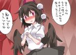  1girl black_hair black_wings blush breasts commentary_request full-face_blush hammer_(sunset_beach) hat large_breasts looking_at_viewer open_mouth red_eyes shameimaru_aya short_hair short_sleeves skirt smile solo tokin_hat touhou translation_request wings 