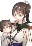  2girls :o airplane brown_hair commentary_request dated japanese_clothes kaga_(kantai_collection) kantai_collection long_sleeves multiple_girls nekobaka open_mouth ponytail short_hair side_ponytail sparkle twitter_username younger 