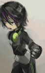  1girl big_hero_6 black_hair gloves gogo_tomago headphones multicolored_hair piercing purple_hair sakamoto_(pompa) short_hair solo two-tone_hair 